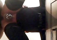 Naughty shemale in sexy stockings bent over and railed bareback