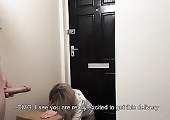 Amazon delivery angel caught by surprise with naked jerking off chap, but that babe can't resist banging him.