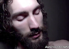 Sweaty pit licking turns into pup Asher stroking to massive pubes soaking cumshot