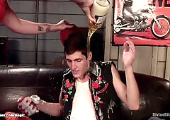 Wifey pegging hubby in maids costume