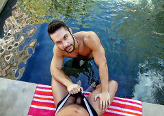 Hairy male walks out of the pool for a dose of endless cock