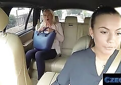 Czech sex - busty blonde slurps labia in cab lesbian pound