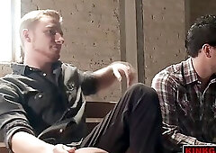 Dakota Wolfe sucks their cocks two at a time and Colby Jansen flogs his ass