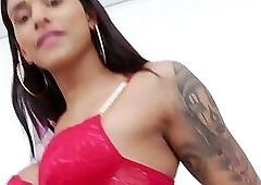 Big booty latina TS Julia jerking off her tanned cock