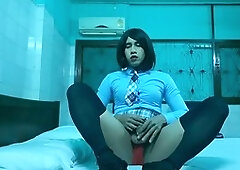 Student in crossdresser uniform gets a messy cumshot