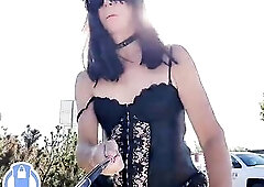 Part 2-NO Petticoat. Sissy Mindy walking in rush hour traffic walking a busy street with her chastity cage nude