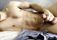 Steamy Russian straight guy lies on the couch with you in the morning, softly murmuring and moaning while he jerks off!