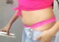 teen taut jeans showing buttcrack and teasing micro strap pink very hot whale tail fetish hot butt