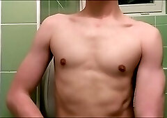 Naughty European guy releases his load in a public toilet and shoots a hot load at home