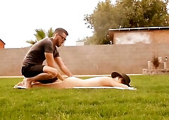 I was in the backyard tanning when my spouse came out to rub lotion on my body. Well, it quickly turned in to us having sex in the backyard hoping the