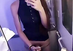 slender chinese tranny jerks and cum at airplane toilet