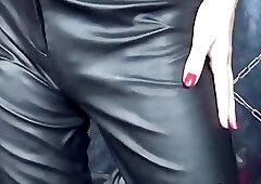 Horny Russian t-girl strips leather pants for the dildo play