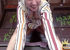 Horny blonde MILF pussydrilled in public