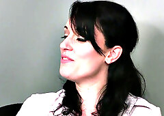 British dominas humiliate and jerk off sub in office threesome with high heels