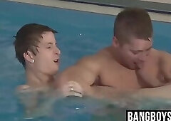 Three guys enjoying bareback fucking by the swimming pool