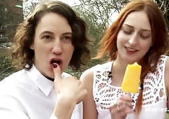 American Babes Explore Each Other's Sexy Bodies Outdoors - Redhead eats icecream and her lesbian girlfriend