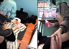 Sissy rails thick faux-cock while eyeing pornography!