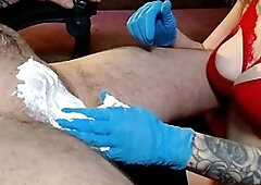 A hawt cosmetologist delightfully massages a client's dong and brings him to a double spunk fountain.