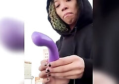 Slender Black Emo Cutie masturbates her creamy cunt on the rooftop and eats her own cum