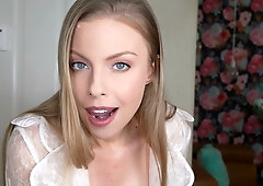 Britney Amber in pink satin and sheer stockings gives deep blowjob to muscular lover