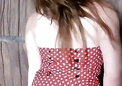 Russian redhead glam model tranny plays solo in the barn