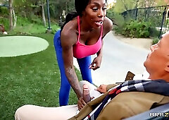Curvaceous Ebony cock teaser is riding a rock hard dick in a local park and enjoying it
