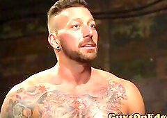 Inked sub tied up jerked and toyed for edging