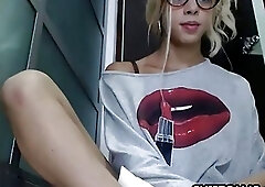 Adorable amateur shemale with glasses plays with her hard cock