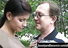 Raunchy brunette hair teen sweetheart Eveline suck and bang a big shlong outdoors