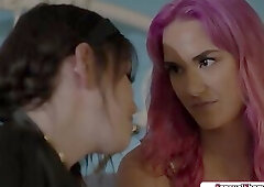 Tattooed tgirl Lena Moon fucks busty bff