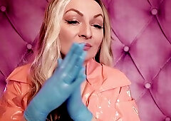 ASMR: blue nitrile gloves fetish - hawt sounding - mother I'd like to fuck in pink PVC coat 