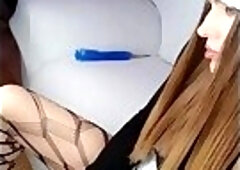 Gorgeous white tgirl stroking and cock slapping big lubed dick on webcam