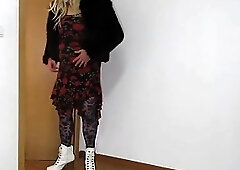 Trying on my flowered dress and boots, crossdressing happy