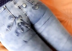 Charming 58 years old wife wakes up very horny and masturbates, large jizz flow in booty with jean