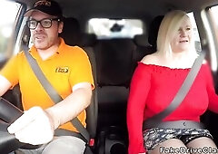 Golden-Haired granny in red jumper has driving class with younger instructor untill this guy pulls over car in quiet public place and then this babe s