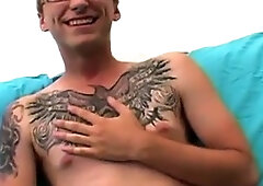 unexperienced tatted twunk fingers his ass and masturbates solo