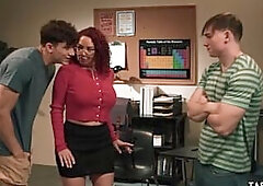 Redhead busty MILF professor anal fucked by two students