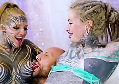 Coarse anal three-some with tattoed strumpets