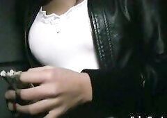 Giant natural bazookas Czech brunette hair doxy is sad and alone in the darksome That Babe cries at the public place until fake agent convinces her to