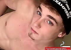 Seductive twink cock stroking while blowing clouds of smoke