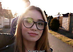 Naughty teen with glasses gives a driving lesson and gets fucked outdoors