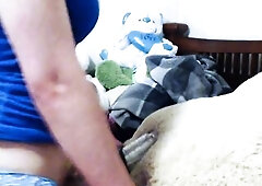 Banging a teddybear with a cum drum