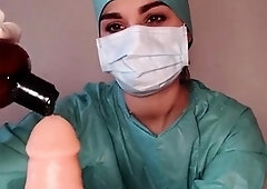 Naughty nurse showing off fantastic handjob techniques