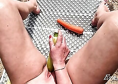 multiorgasm from vegetables of a red-haired wench in nature