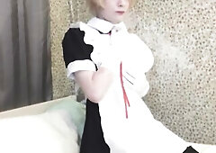 Blond femboy maid teasing and showing his ass in striped pants