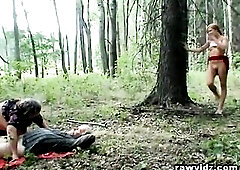 A aged woman is getting her large-booty tits licked and sucked outdoors in the woods by a bearded chap. When a cute and taut redhead teen spots '