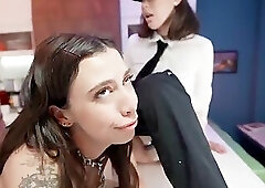 Trans Woman and her girlfriend fuck their submissive in the kitchen