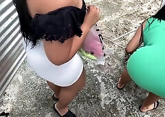 Hot woman outdoors in locker room