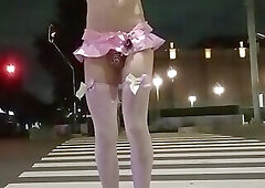 Hot sissy dolled up outside and in chastity