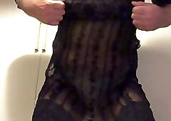 Wanking in my girl's stockings, girdle and see-through top